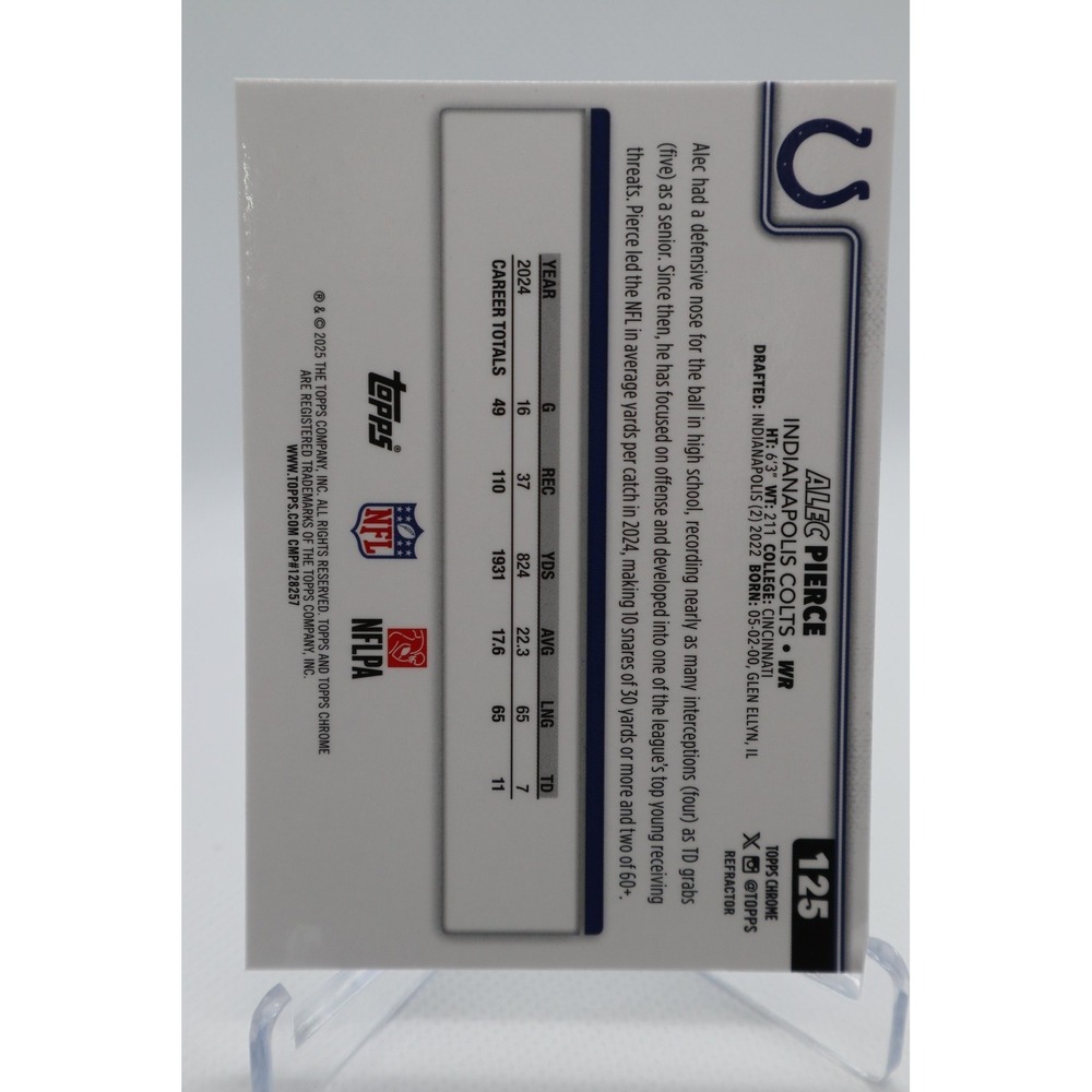 2025 Topps Chrome Football Refractor #125 Alec Pierce Colts - Picture 2 of 2